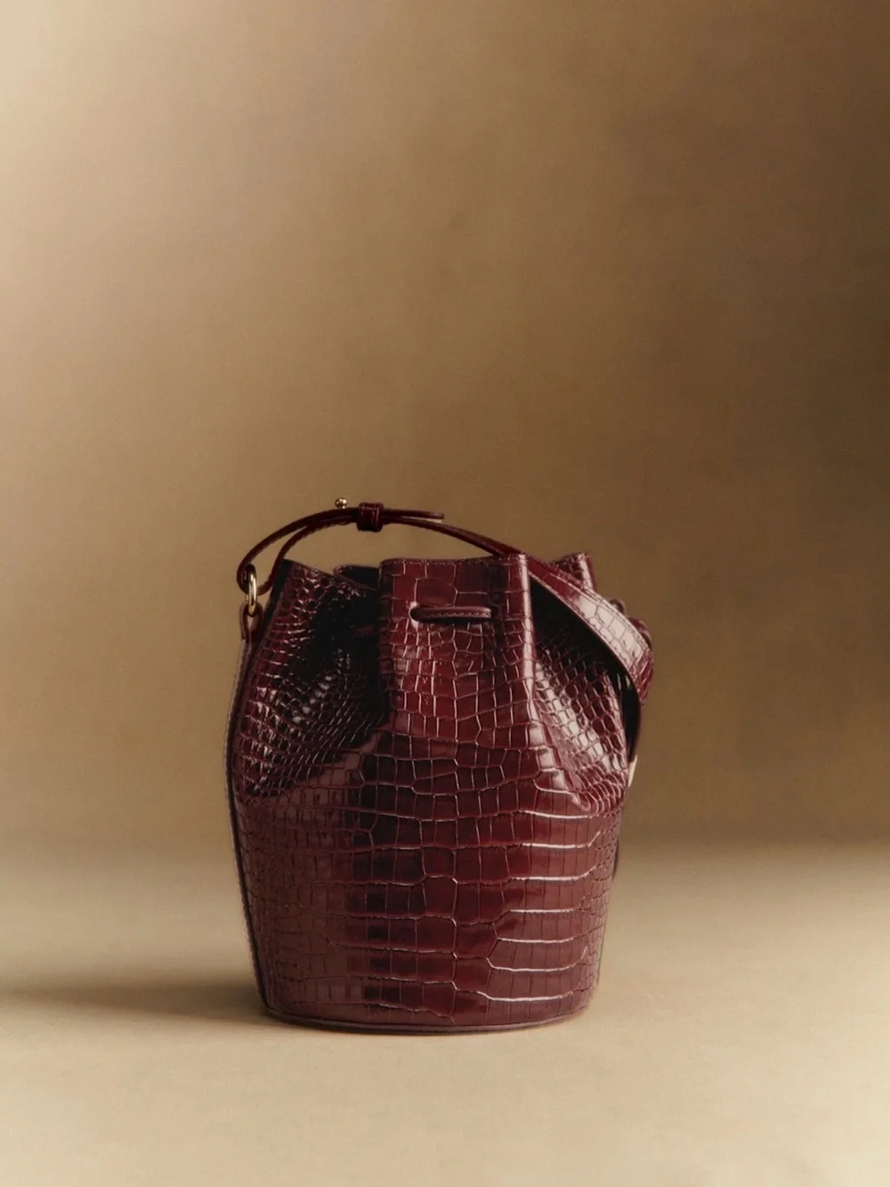 NWT Sezane Chocolate Croc-Embossed Drawstring Bucket Bag - Picture 5 of 10